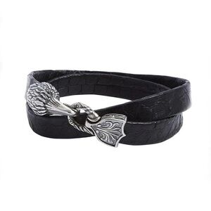 John Varvatos Black Leather Double Wrap Bracelet with Silver Raven Clasp
